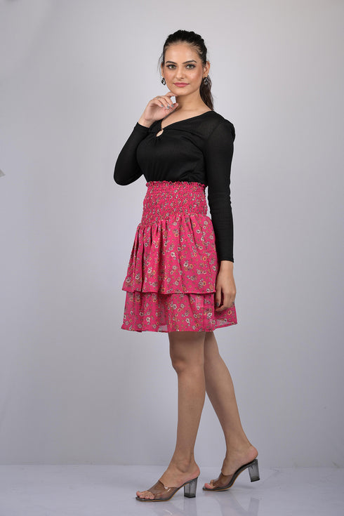 Pink Small Flower Print Skirt (OTLKT1008)